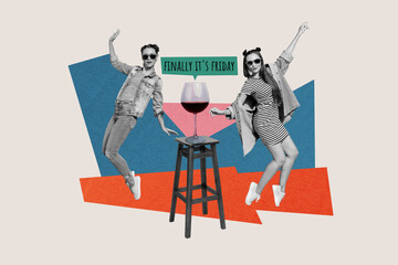 Wall Mural - Collage 3d image of pinup pop retro sketch of two funny girls friends enjoy friday happy weekend party alcohol wine dancing have fun