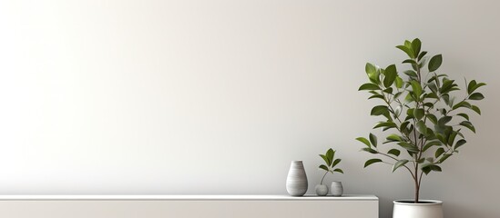 Poster - of empty space on a white sideboard with green leaves and fragrance sticks Morning sunlight backdrop templates