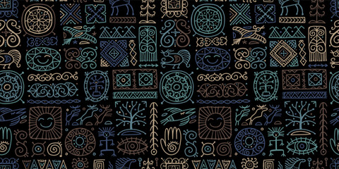 Aufkleber - Ethnic handmade ornament, Folk Vintage Symbols. Seamless Pattern for your design
