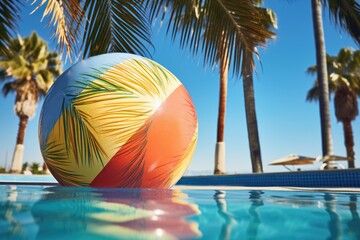 Poster - close-up of an inflated beach ball with palm trees in the background