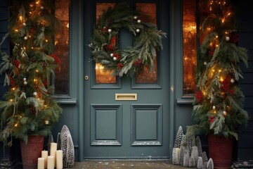 wreath made of evergreen branches on front door