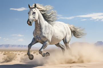 Magnificent white good footed horse is running in the desert in a hot daytime, Generative AI.