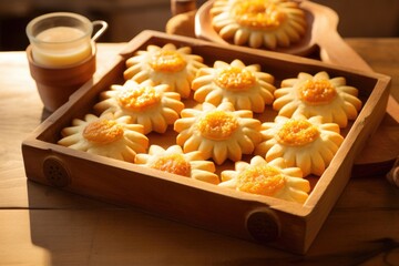 Poster - edible sun-shaped pastries on a wooden tray