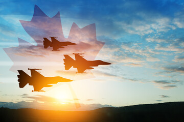 Wall Mural - Air Force Day. Aircraft silhouettes on background of sunset with a transparent Canadian flag. Since 2006, the Royal Canadian Air Force has celebrated Air Force Day on 4 June.