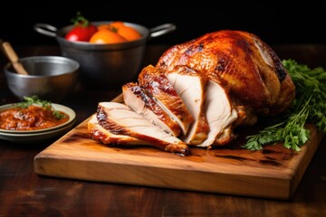 Wall Mural - sliced roasted turkey placed on a wooden board