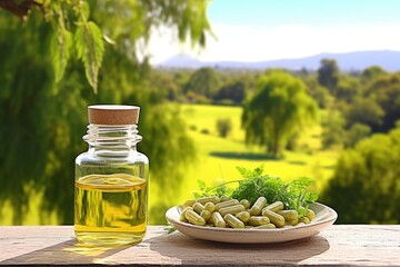 Wall Mural - a bottle of herbal pills near a calming countryside painting