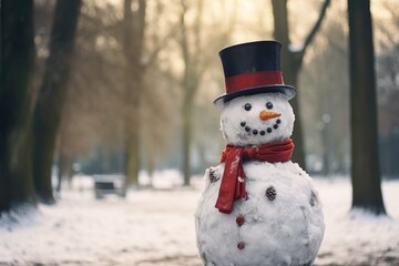 Wall Mural - snowman wearing a red scarf and top hat