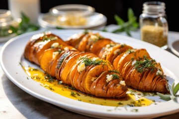 Canvas Print - baked sweet potatoes served on a white platter