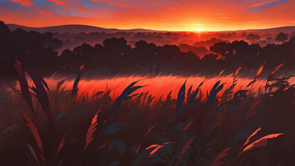 Wall Mural - Beautiful Vast African Savanna Grassland at Dawn or Dusk Hand Drawn Painting Illustration