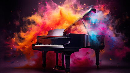 Wall Mural - World music day banner with grand piano on abstract colorful dust background. Music day event and musical instruments colorful design