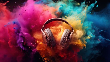 Wall Mural - World music day banner with headset headphones on abstract colorful dust background. Music day event and musical instruments colorful design