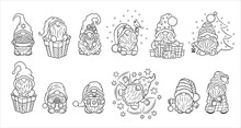 Christmas Gnomes Set Coloring Book Pages. Black And White Digital Stamps With Cute Christmas Gnome Characters. Scandinavian Elf Tomte Coloring Page Drawing. Winter Fun Xmas Vector Illustration.