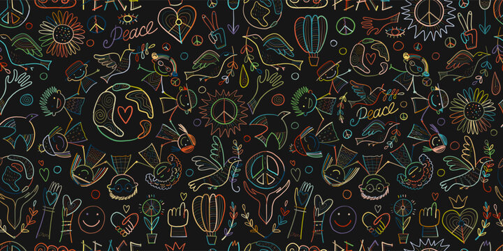 Fototapete -  - International peace day. Doves. People Holding Hands together. Seamless pattern for your design