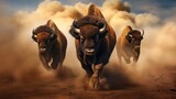 Fototapeta  - Thundering Bison Stampede Amidst a Wild Storm on North American Prairie. 3D Rendering of Majestic Buffalo Charging Across Wilderness