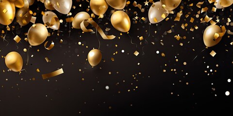 Elegant celebration background featuring a burst of joyous confetti and luxurious gold balloons