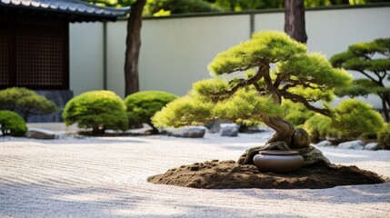 Wall Mural - Peaceful Zen Garden with Raked Gravel and Bonsai Trees