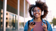 © JKLoma - Black student girl wearing headset and using mobile smartphone while walking at college.generative ai