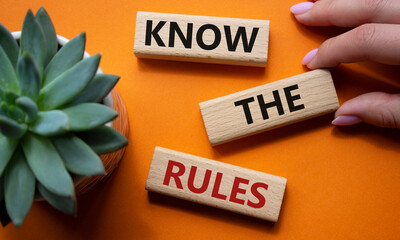 Canvas Print - Know the rules symbol. Wooden blocks with words Know the rules. Beautiful orange background with succulent plant. Businessman hand. Business and Know the rules concept. Copy space.