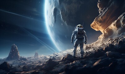 Wall Mural - astronaut exploring extraterrestrial planets or moon, ai generative