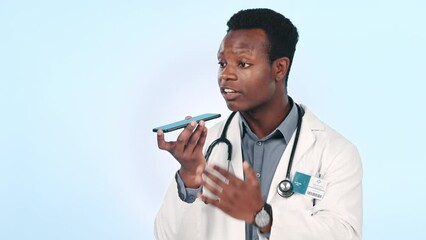 Sticker - Frustrated, talking and a man or doctor on a phone for healthcare advice on a studio background. Annoyed, angry or black person surgeon speaking on a mobile for hospital and loudspeaker communication