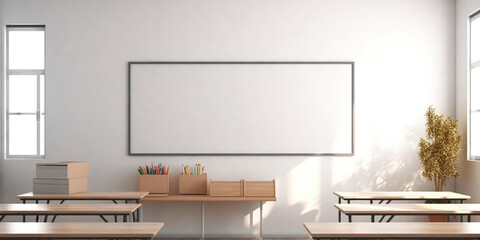 frontal view empty clean classroom with white board.