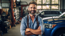 A Car Mechanic Smiles Happily In His Uniform. Standing At Own Car Repair Shop Background Car Repair And Maintenance Male Repairman Smiling And Looking At Camera