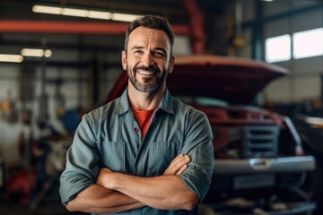 A car mechanic smiles happily in his uniform. Standing at own car repair shop background Car repair and maintenance Male repairman smiling and looking at camera