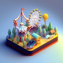 An Isometric Theme Park Cutout Isometric Cute Octane Render Redshift Looks Fun 3D Christmas Trees Amusement Park Circus Small Roller Coaster Water Slide Ferris Wheel 8K Vray Global Illumination Ray 