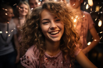 Wall Mural - A teenage girl is celebrating a party with her friends with colorful lights at night and a teenage girl is having fun with her friends.