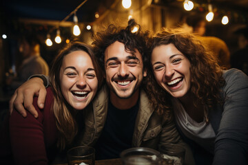 Wall Mural - Portrait of a group of teenage friends A teenage girl is celebrating a party with her friends with colorful lights at night and a young woman and young man are having fun with their friends.