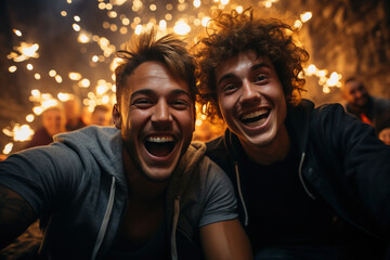 Wall Mural - Portrait of a group of teenage friends A teenage girl is celebrating a party with her friends with colorful lights at night and a young woman and young man are having fun with their friends.