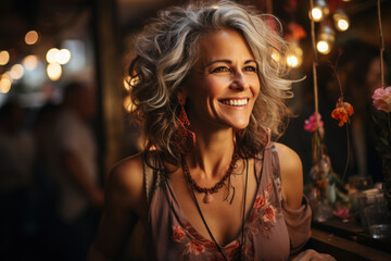 Wall Mural - Portrait of a group of senior friends healthy elderly woman Celebrating a party with friends with colorful lights at night.