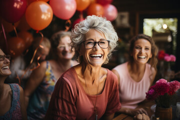 Wall Mural - Portrait of a group of senior friends healthy elderly woman Celebrating a party with friends with colorful lights at night.