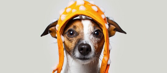 Wall Mural - Jack Russell Terrier dog with foam bath shower cap white background