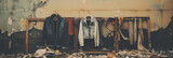 90s grunge clothing, monochromatic, layered on a distressed background, film grain, Polaroid - like border, vintage mood