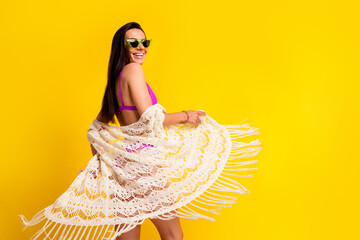 Wall Mural - Photo of positive cheerful pretty lovely girl posing enjoying with white lace cape cloak isolated bright color background