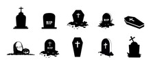 Spooky Tombstone Vector Illustration. RIP Gravestone For Halloween, Cemetery Or Tomb, Stone Crosses On White Background. Halloween, Funeral Concept Design.