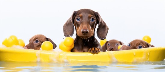 Poster - Dachshund enjoys bath surrounded by ducks covered in foam