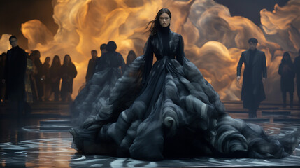 Wall Mural - High - fashion runway scene, dark moody atmosphere, abstract patterns on flowing gowns, shadowy figures, spotlight focus, dramatic contrast