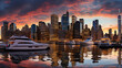 New York skyline at dusk, multiple skyscrapers, reflecting sun’s last rays, Hudson River in the foreground, boats sailing, dramatic sky, ambient city lights turning on