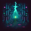 1980s 8bit pixel Atari Style Synthwave Pac Man type game maze fantasy forest Synthwave 