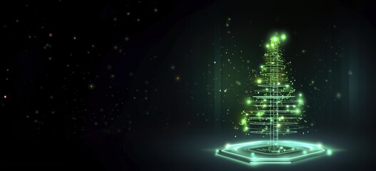 futuristic glowing green christmas tree , digital electronic programming neon code with green lines 