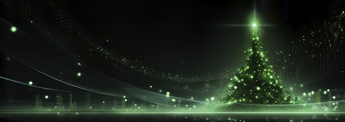 banner futuristic glowing green christmas tree , digital electronic programming neon code with green