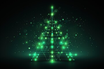 futuristic glowing green christmas tree , digital electronic programming neon code with green lines and dots, science and technology, Glowing rays with flickering particles , New year banner .