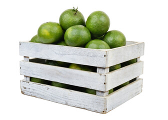 Wall Mural - Green oranges in wooden crate isolated on white background. 