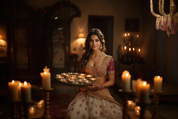 Wall Mural - Young indian woman celebrating diwali festival