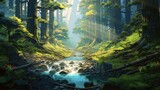Fototapeta Natura - a beautiful japanese landscape scenic view in a green forest with plants and trees. anime comic manga artstyle. wallpaper background. 16:9 4k resolution. Generative AI
