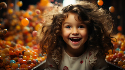 Poster - portrait of a little girl on background of colorful balloons and lights in a dark room.