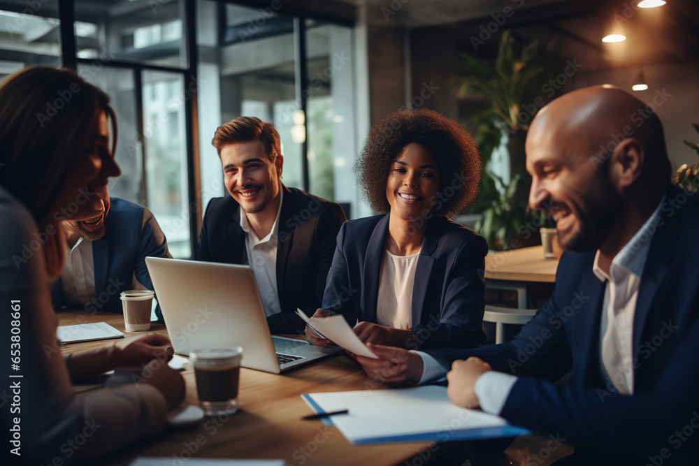 Diverse employees gathered in the office brainstorming while discussing ...