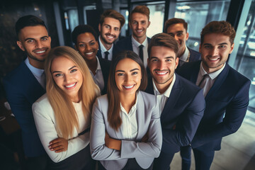 Portrait of successful group of business people at modern office looking at camera. Portrait of happy businessmen and satisfied businesswomen standing as a team. Multiethnic group of people smiling.